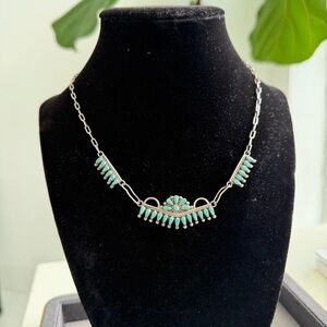 Zuni Kingman Turquoise Needle Point Sterling Silver Native American Necklace Vnt
